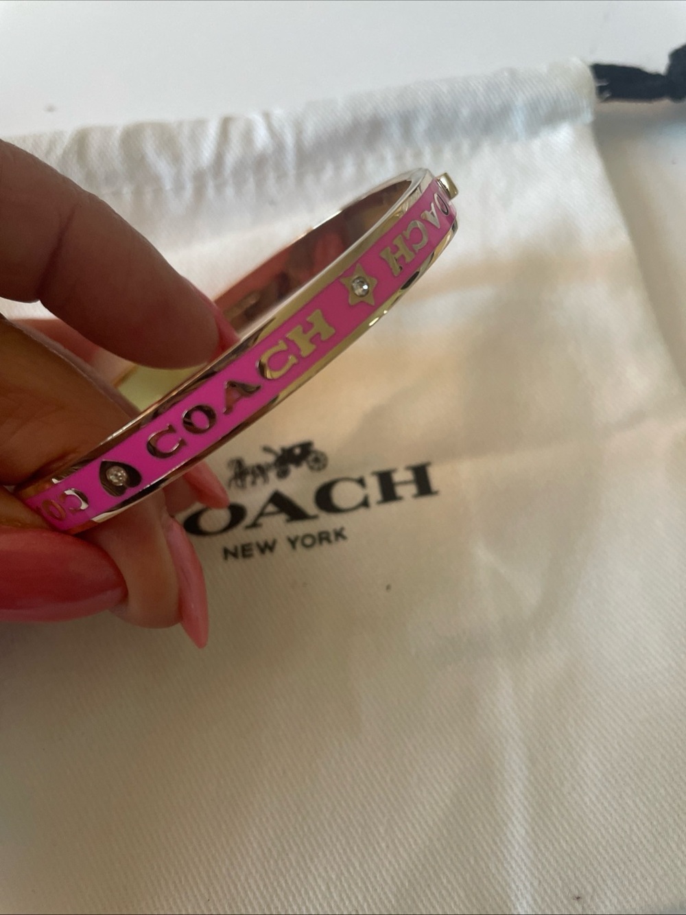 Coach Pink Enamel Logo Bangle with Silver-Tone Accents